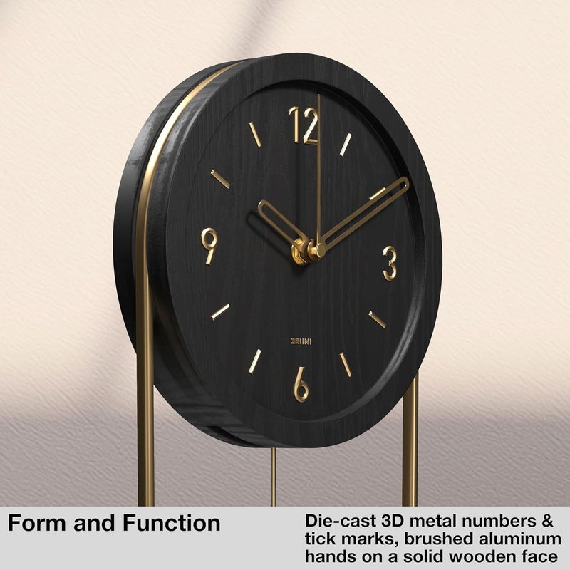 Driini Decorative Wall Clock with Pendulum (Black) – Modern Wood, 3D Gold Numbers, Metal Frame – Small, Unique Wall Clocks for Living Room Decor or Bathroom - Battery Operated, Silent, Non-Ticking - Image 2