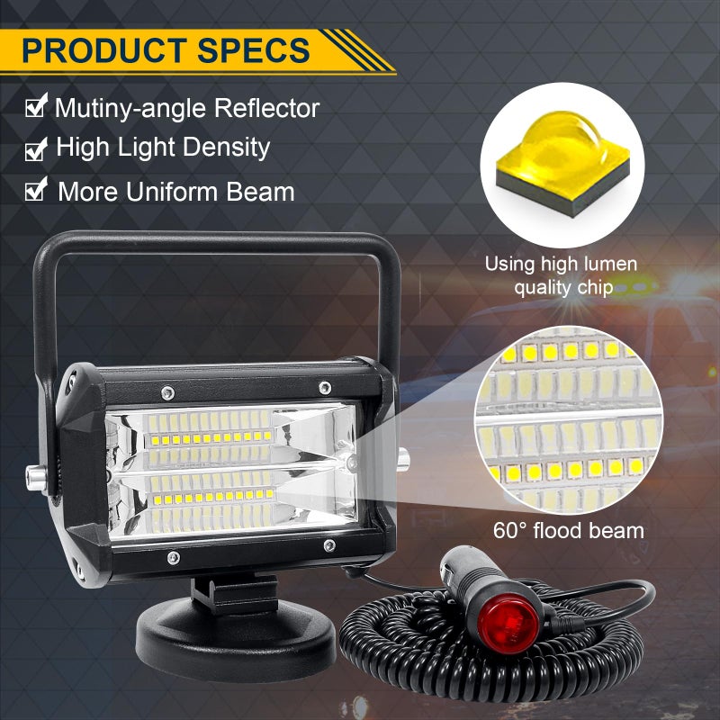 SKYWORLD 2Pcs Portable Magnetic Base Led Work Light Bar, 5 inch 72W Flood Beam, 12V 24V Off Road Driving Lights Fog Lamp for Car Truck 4x4 SUV ATV Tractors Excavator, 6000K White, Led Search Lights - Image 3