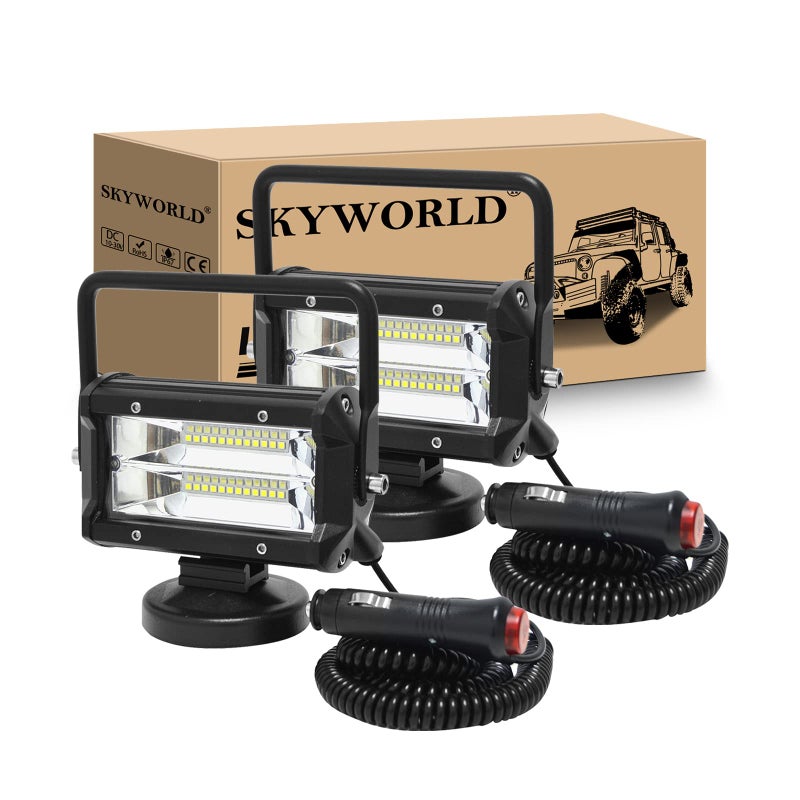 SKYWORLD 2Pcs Portable Magnetic Base Led Work Light Bar, 5 inch 72W Flood Beam, 12V 24V Off Road Driving Lights Fog Lamp for Car Truck 4x4 SUV ATV Tractors Excavator, 6000K White, Led Search Lights - Image 1