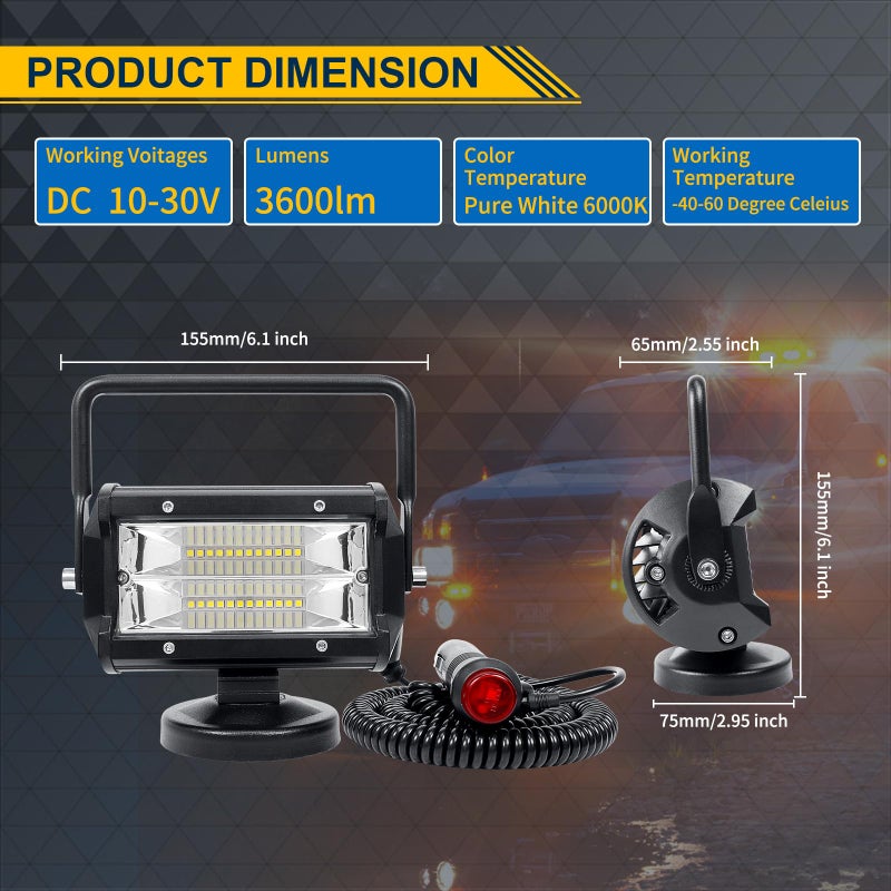 SKYWORLD 2Pcs Portable Magnetic Base Led Work Light Bar, 5 inch 72W Flood Beam, 12V 24V Off Road Driving Lights Fog Lamp for Car Truck 4x4 SUV ATV Tractors Excavator, 6000K White, Led Search Lights - Image 2