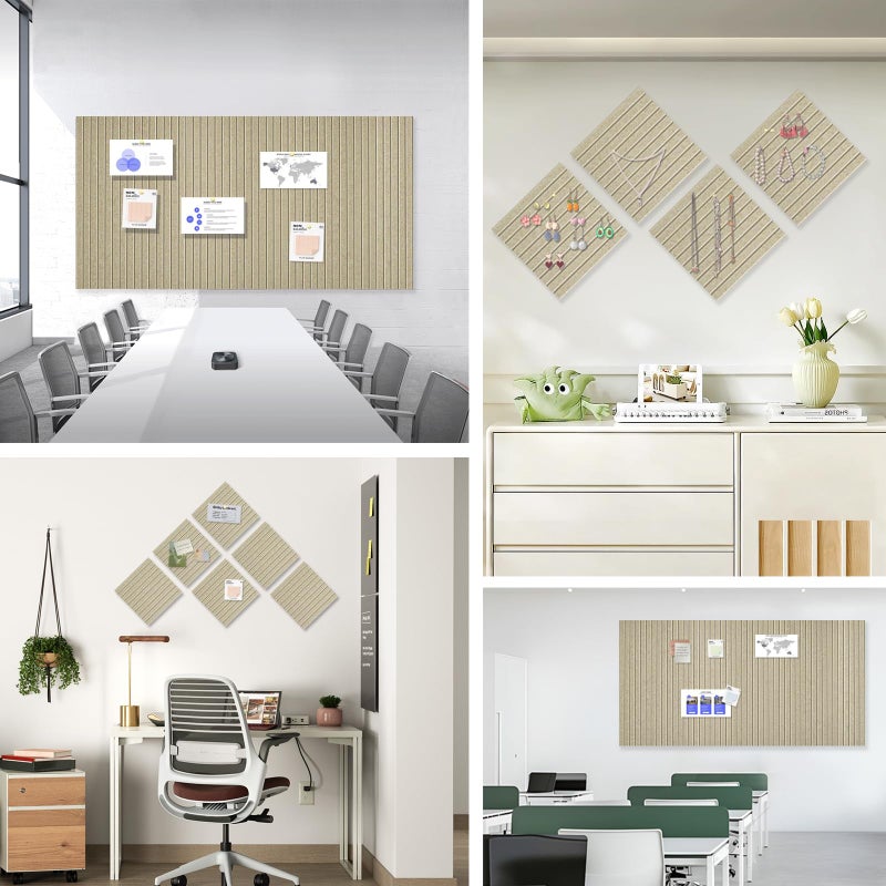 AkuDecor Large Cork Board for Office, 8 Pack Felt Wall Tiles with Slat Wall Paneling and Safe Removable Adhesive Tabs, Felt Bulletin Board Pin Board Cork Boards for Walls - Tan - Image 5
