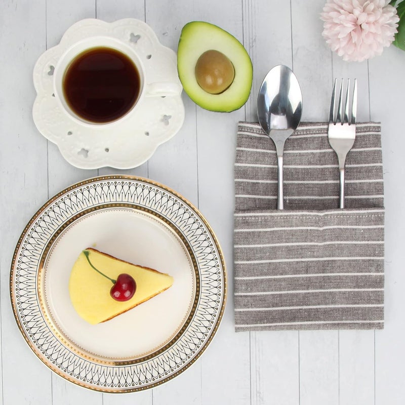 INFEI Brown Striped Linen Cotton Dinner Cloth Napkins  Set of 12 40 x 30 cm  for Events  Home Use Brown - Image 2