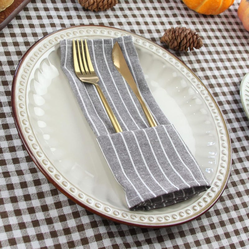 INFEI Brown Striped Linen Cotton Dinner Cloth Napkins  Set of 12 40 x 30 cm  for Events  Home Use Brown - Image 3
