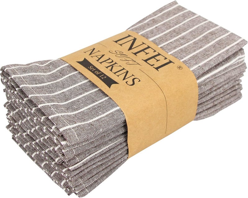 INFEI Brown Striped Linen Cotton Dinner Cloth Napkins  Set of 12 40 x 30 cm  for Events  Home Use Brown - Image 1