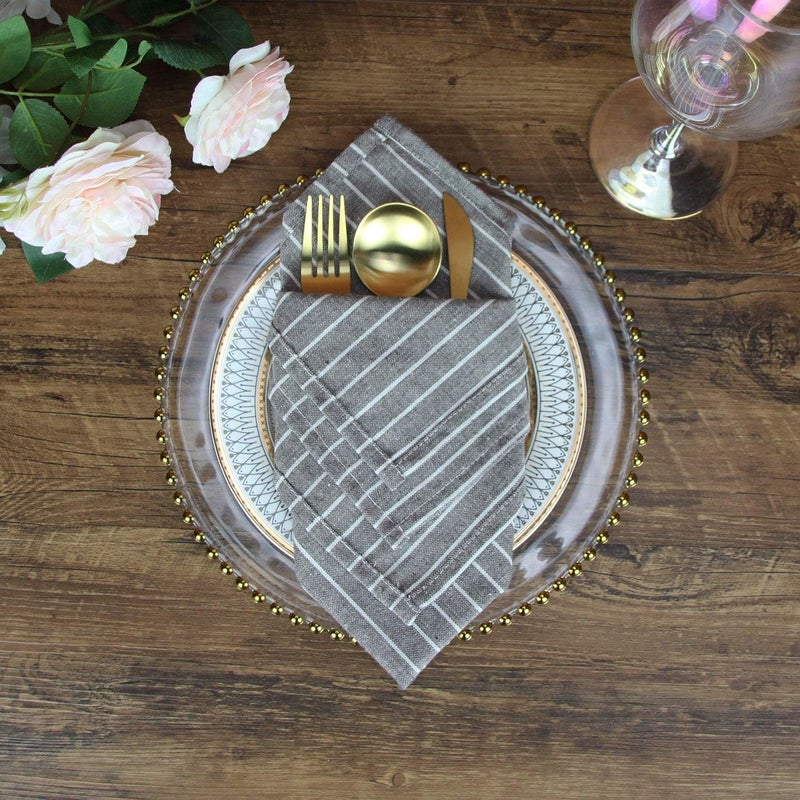 INFEI Brown Striped Linen Cotton Dinner Cloth Napkins  Set of 12 40 x 30 cm  for Events  Home Use Brown - Image 4
