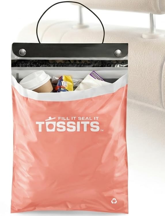 Tossits Disposable Car Trash Bag Hanging Pink Set of 7 LeakProof SmellProof Automobile Trash Container EcoFriendly Thick Large 12x15 Car Trash Bin with Sturdy Header Board - Image 1