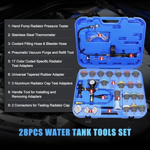 JIFETOR Radiator Pressure Leakage Tester Vacuum Cooling System Purge Coolant Refill Tool Kit 28PCS Universal Automotive Water Tank Leak Test Detector Pneumatic Vacuum Coolant Change Set - Image 2
