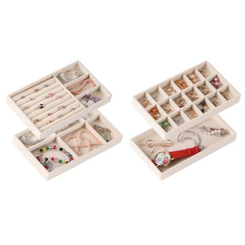 CDBOVID 4-Set Jewelry Organizer for Drawer, Stackable Velvet Jewelry Trays with Removable Dividers, Earring and Necklace Holder for Dresser, Perfect as a Vanity Tray for Women - Image 1