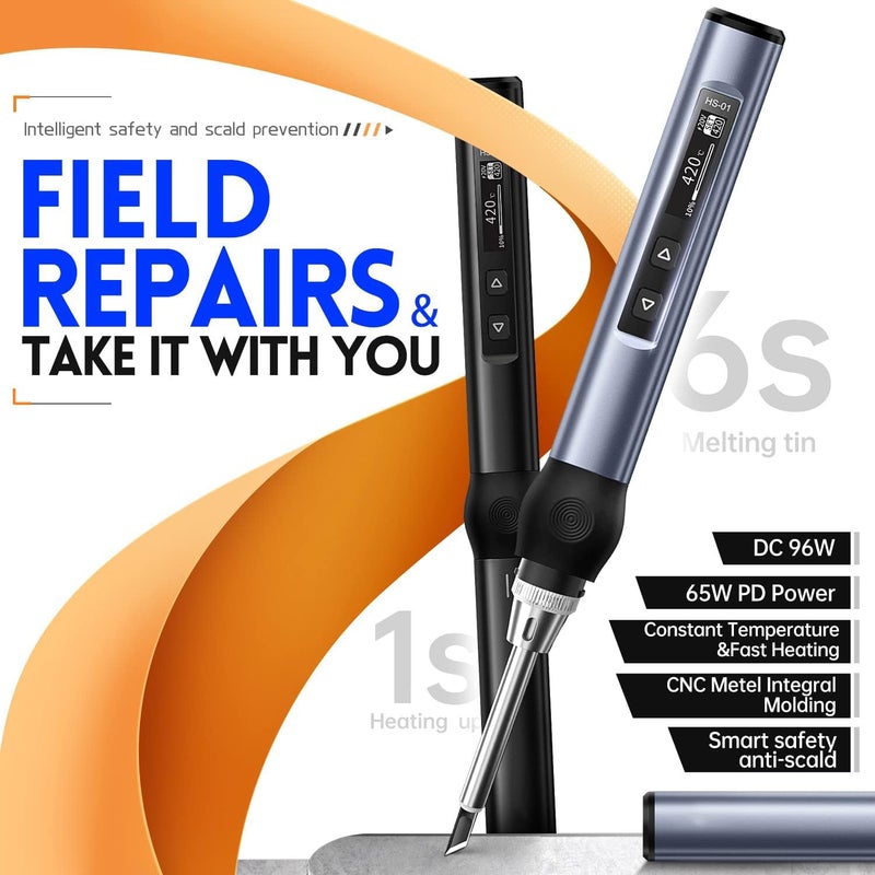 Excefore Soldering Iron Kit, Dc/Pd(96W/65W) Mini Digital Soldering Iron, Adjustable Temperature 80-420°C, 6 Soldering Tips, Digital Oled Screen Display, Fast Internal Heating, Auto Sleep, Blue - Image 2