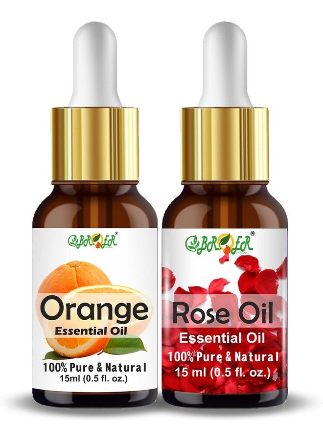BROER Rose Oil and Orange Essential Oil Combo Pack (15ml + 15ml) - For Skin, Hair, Face, Acne Care & Aroma Therapy - 100% Pure, Natural & Undiluted Refreshing Essential Oil - pack of 2 - Image 1