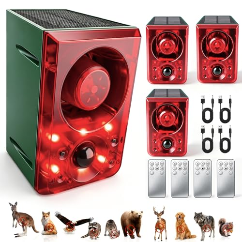 ChunHee Solar Outdoor Motion Sensor Alarm with Dog Barking Gunshot Sound Support Recording and Adjustable Volume 130db Loud Noise Maker 3 Work Modes Strobe Light for Home Villa Farm Barn 4pack - Image 1