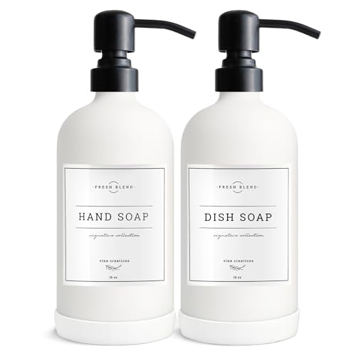Vine Creations White Glass Soap Dispenser, 2 Pack Kitchen Soap Dispenser Set with Stainless Steel Pump, 16 oz Dish Soap and Hand Soap Dispensers for Bathroom with Waterproof Labels - Image 1