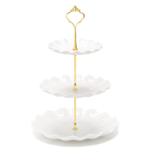 Coitak 3 Tier Cupcake Stand, Plastic Tiered Serving Stand, Dessert Tower Tray for Tea Party, Baby Shower and Wedding (Wavy-Metal Rod) - Image 1