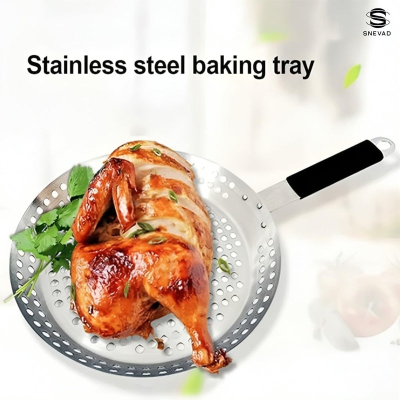 Snevad Snevad BBQ Frying Pan Stainless Steel Grill Tray Non Stick Barbecue Basket Oil Drain Holes & Handle for High-Temperature Baking Serving Food Grill Bowl/Plate for Camping Cookware,Picnics (51x30x4 CM)  - Image 4