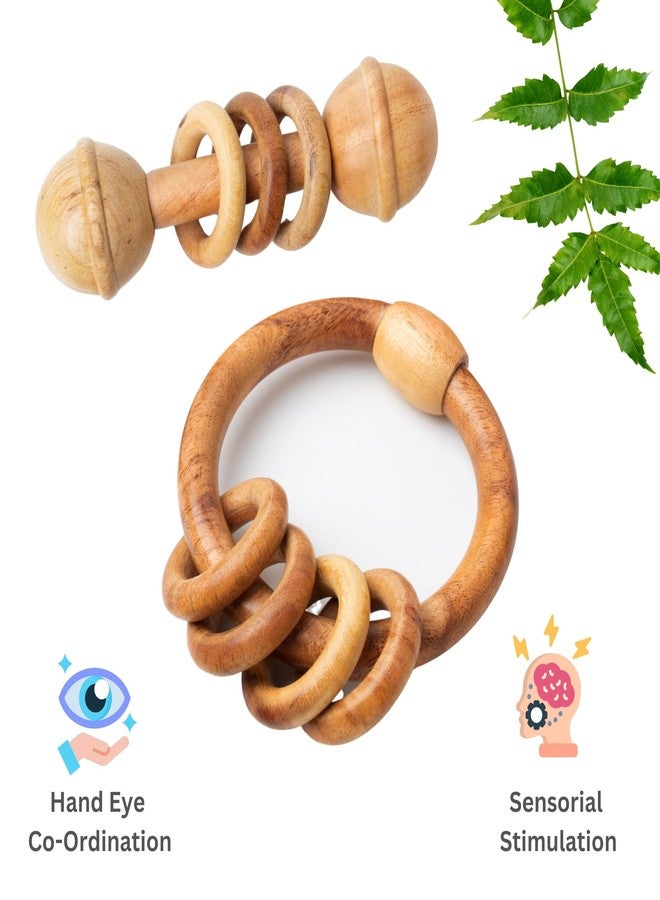 WoCra® Neem Wood Baby Rattle Toys -Combo Pack of 2 | Natural Wooden Teething & Chew Toys for Newborns, Infants & Toddlers | Dumbbell Ring + Teething Ring Rattle/ Teether | Safe & Non-Toxic Baby Soothers - Image 3