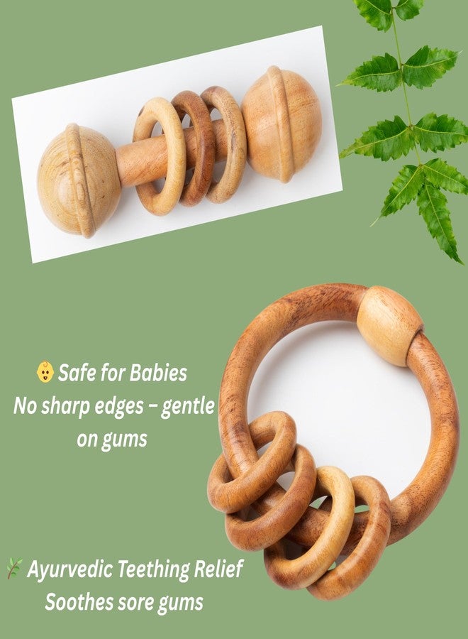 WoCra® Neem Wood Baby Rattle Toys -Combo Pack of 2 | Natural Wooden Teething & Chew Toys for Newborns, Infants & Toddlers | Dumbbell Ring + Teething Ring Rattle/ Teether | Safe & Non-Toxic Baby Soothers - Image 4