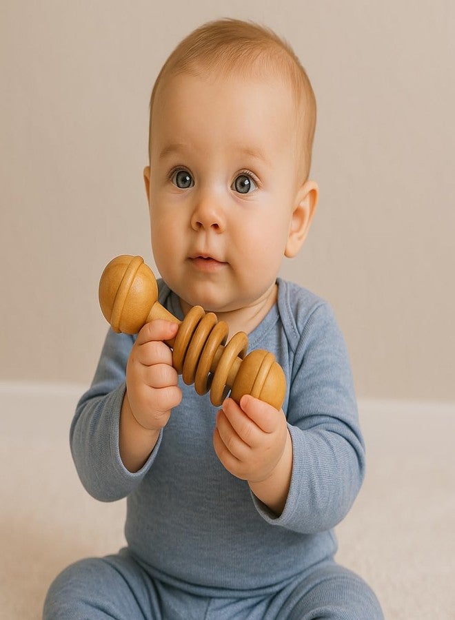 WoCra® Neem Wood Baby Rattle Toys -Combo Pack of 2 | Natural Wooden Teething & Chew Toys for Newborns, Infants & Toddlers | Dumbbell Ring + Teething Ring Rattle/ Teether | Safe & Non-Toxic Baby Soothers - Image 2