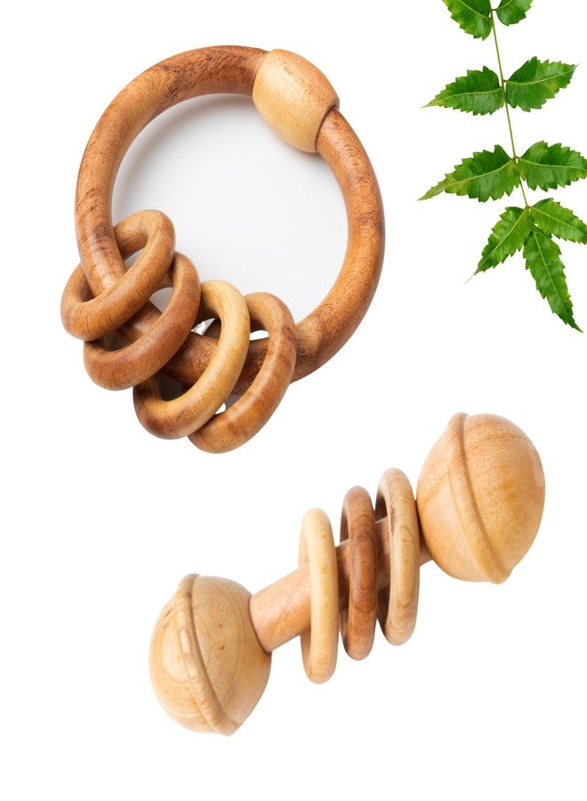 WoCra® Neem Wood Baby Rattle Toys -Combo Pack of 2 | Natural Wooden Teething & Chew Toys for Newborns, Infants & Toddlers | Dumbbell Ring + Teething Ring Rattle/ Teether | Safe & Non-Toxic Baby Soothers - Image 1