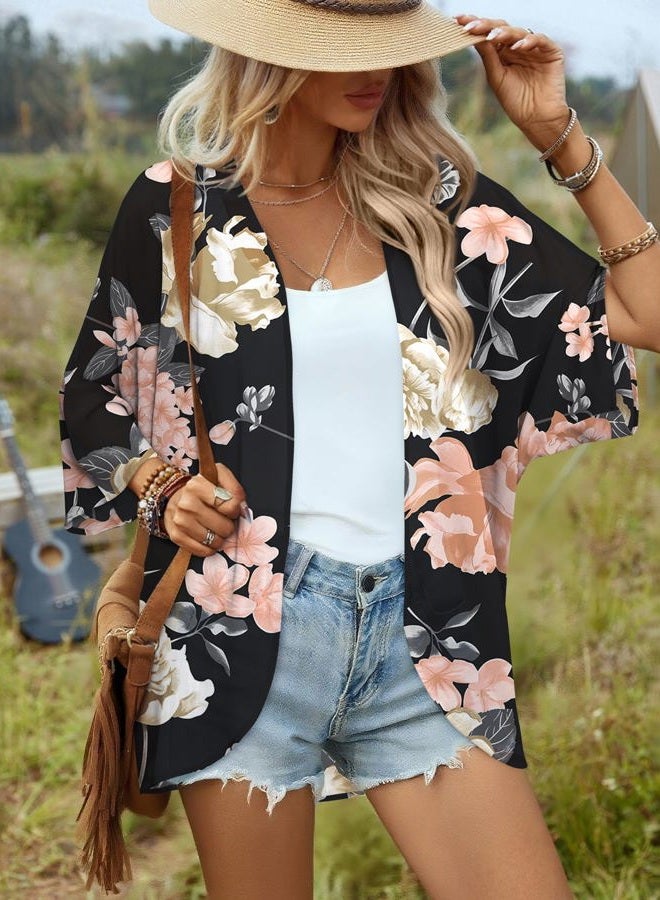 BB&KK Women's Chiffon Floral Kimono Cover Ups Tops Summer Lightweight Sheer Thin Cardigans Beach Boho Hawaiian Shirts Black Small - Image 2