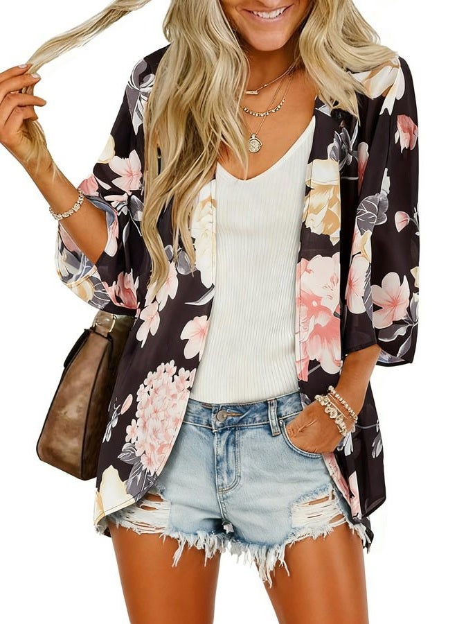 BB&KK Women's Chiffon Floral Kimono Cover Ups Tops Summer Lightweight Sheer Thin Cardigans Beach Boho Hawaiian Shirts Black Small - Image 1