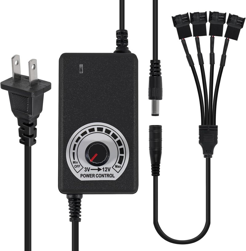 UMLIFE 12V PC Fan Speed Controller Fan Power Supply 100240V AC to 312V DC 36W Adjustable with Fan Splitter Cable 4X 3pin or 4pin PWM Connector AC DC Adapter - Image 1