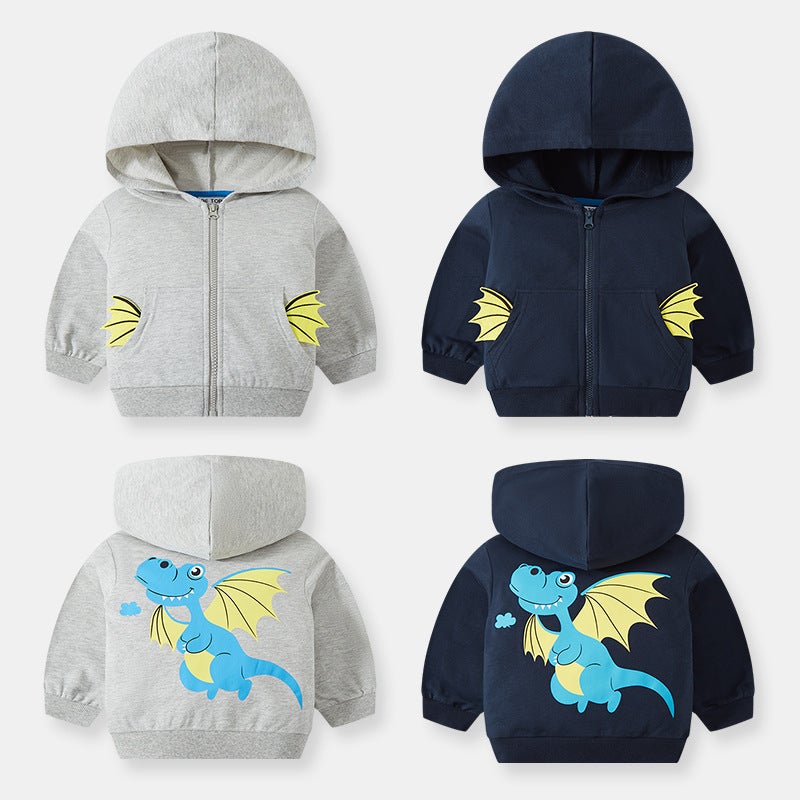 be top children's baby spring new cartoon dinosaur printing boys hooded Korean zipper shirt a generation of hair - Image 2