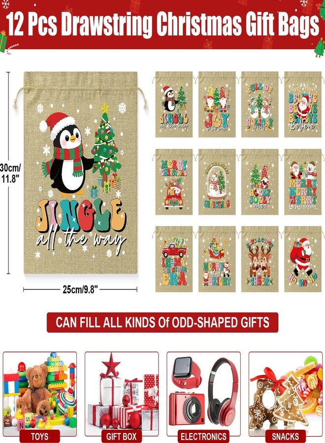 FLOE 12 PCS Burlap Christmas Drawstring Gift Bags, 10x12in Christmas Linen Gift Bags w/ Tags, Medium Xmas Burlap Sacks Jute Goody Gifts Bag Candy Treat Bags Reusable Gifts Wrapping for Holiday Party Favors - Image 2