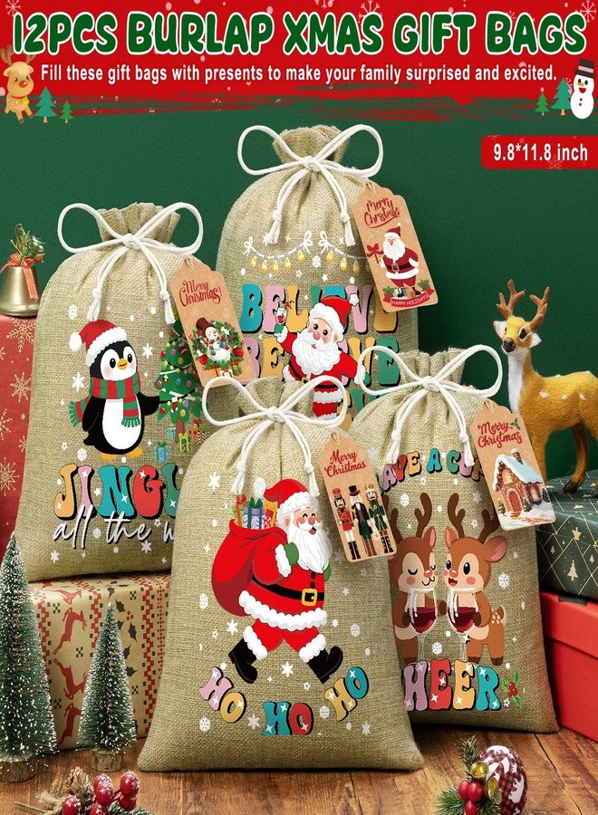 FLOE 12 PCS Burlap Christmas Drawstring Gift Bags, 10x12in Christmas Linen Gift Bags w/ Tags, Medium Xmas Burlap Sacks Jute Goody Gifts Bag Candy Treat Bags Reusable Gifts Wrapping for Holiday Party Favors - Image 4