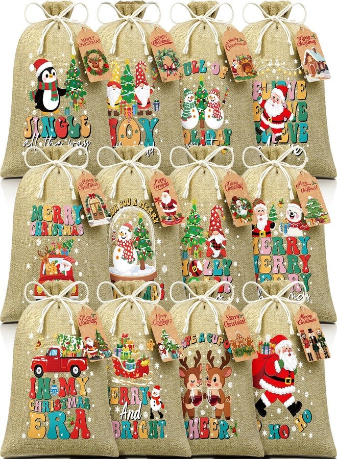 FLOE 12 PCS Burlap Christmas Drawstring Gift Bags, 10x12in Christmas Linen Gift Bags w/ Tags, Medium Xmas Burlap Sacks Jute Goody Gifts Bag Candy Treat Bags Reusable Gifts Wrapping for Holiday Party Favors - Image 1