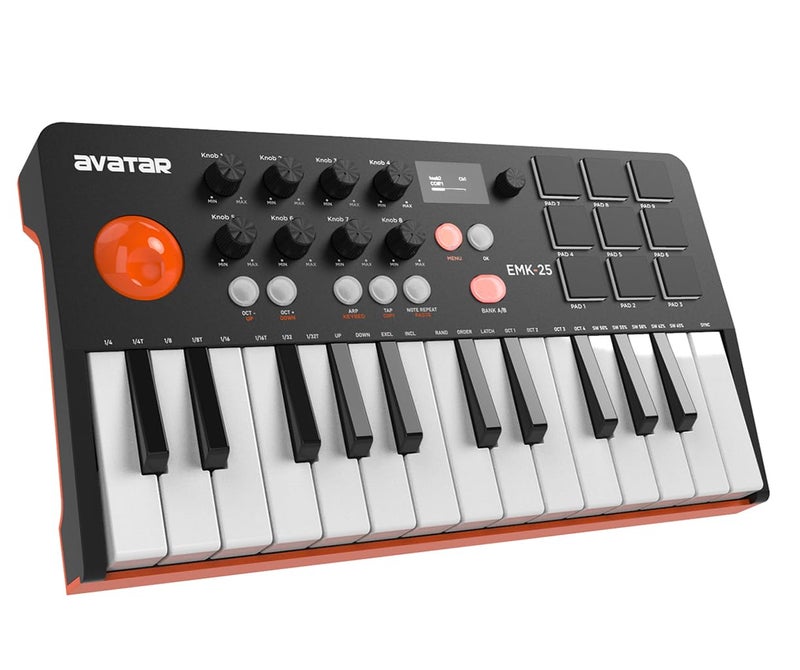 HXW وحدة تحكم لوحة مفاتيح MIDI بلوتوث HXW المحمولة، مع 25 مفتاح، 9 وسادات إيقاع مضاءة، شاشة OLED، 8 مقبض، برنامج متضمن، هدية عيد الميلاد للموسيقيين - Image 1