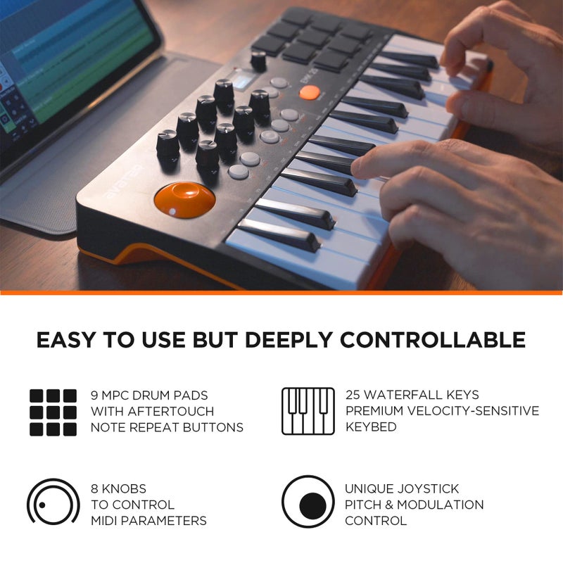 HXW وحدة تحكم لوحة مفاتيح MIDI بلوتوث HXW المحمولة، مع 25 مفتاح، 9 وسادات إيقاع مضاءة، شاشة OLED، 8 مقبض، برنامج متضمن، هدية عيد الميلاد للموسيقيين - Image 2