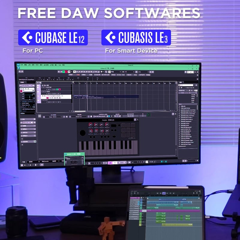 HXW وحدة تحكم لوحة مفاتيح MIDI بلوتوث HXW المحمولة، مع 25 مفتاح، 9 وسادات إيقاع مضاءة، شاشة OLED، 8 مقبض، برنامج متضمن، هدية عيد الميلاد للموسيقيين - Image 5