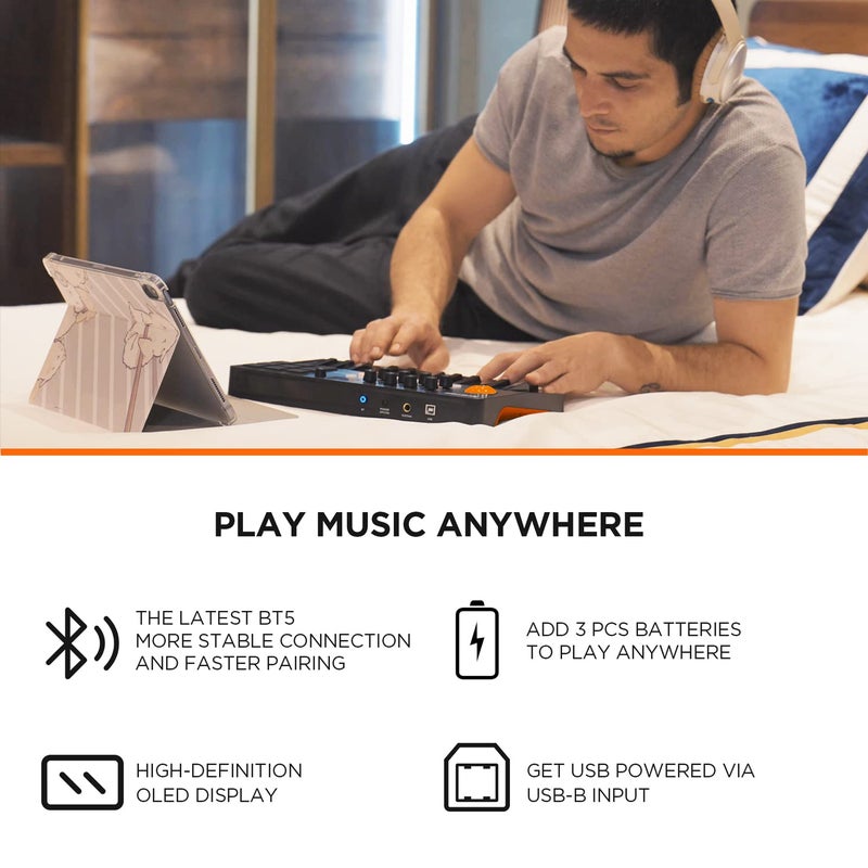 HXW وحدة تحكم لوحة مفاتيح MIDI بلوتوث HXW المحمولة، مع 25 مفتاح، 9 وسادات إيقاع مضاءة، شاشة OLED، 8 مقبض، برنامج متضمن، هدية عيد الميلاد للموسيقيين - Image 3