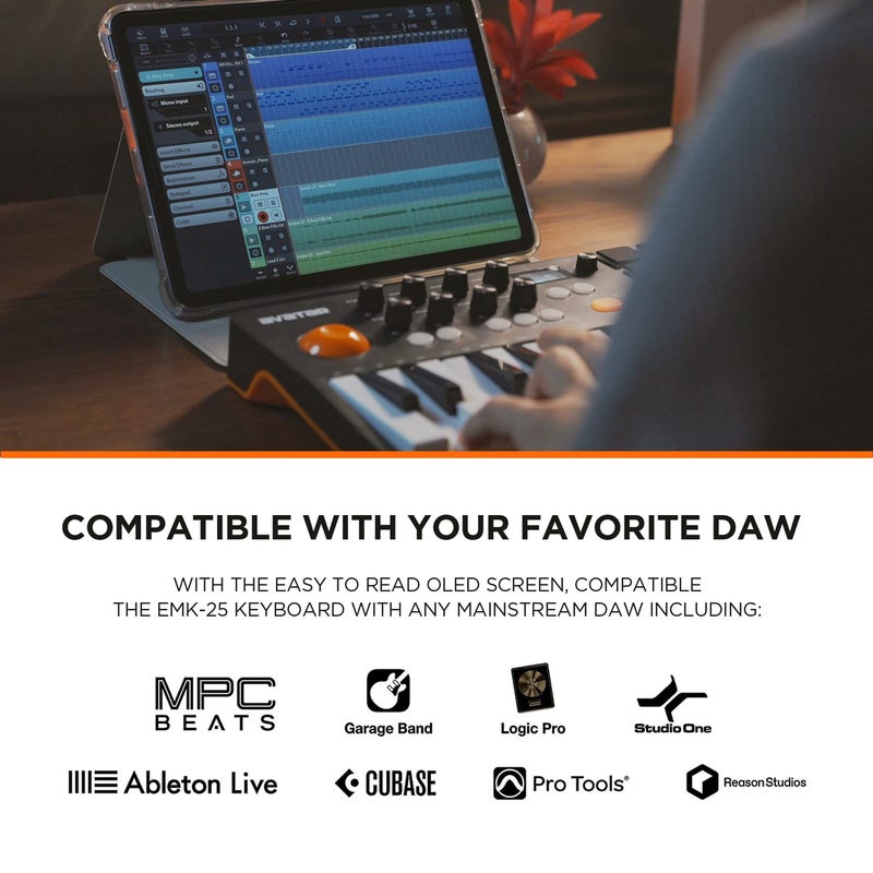 HXW وحدة تحكم لوحة مفاتيح MIDI بلوتوث HXW المحمولة، مع 25 مفتاح، 9 وسادات إيقاع مضاءة، شاشة OLED، 8 مقبض، برنامج متضمن، هدية عيد الميلاد للموسيقيين - Image 4