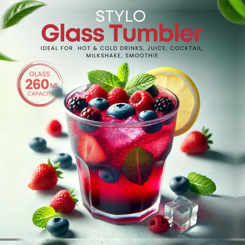 Yera Stylo Glass Tumbler Set of 6 for Kitchen 260 ml Each Water Hot Cold Drinks Juice Cocktail Milkshake Smoothie Perfect for Home Party Restaurant Gifting - Image 4