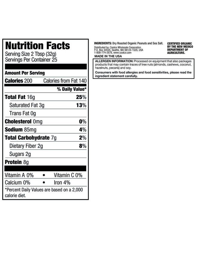 Kirkland Organic Creamy Peanut Butter U.S. Valencia Peanuts 28 Ounce Each Jar 2 Pack