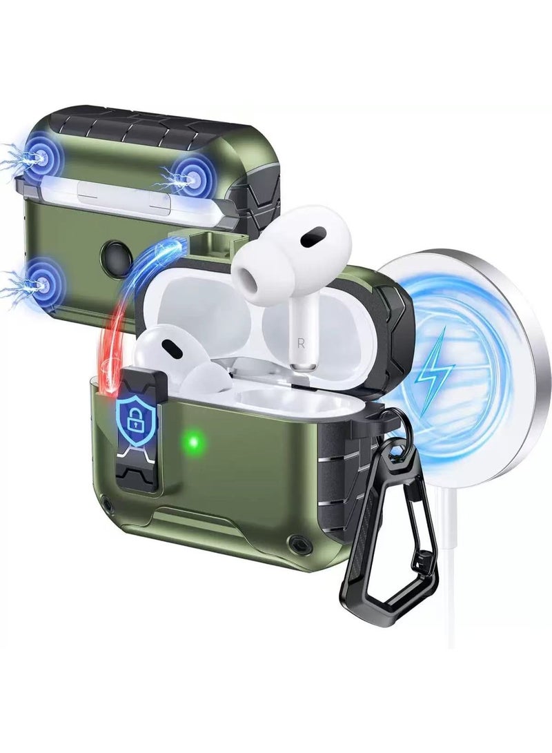 Suitable for AirPods Pro 3 protective case with stand, built-in magnet AirPods Pro 3 case, one-touch automatic open and close, full-body drop protection design, supports wired and wireless charging, comes with a carabiner. Green - Image 1