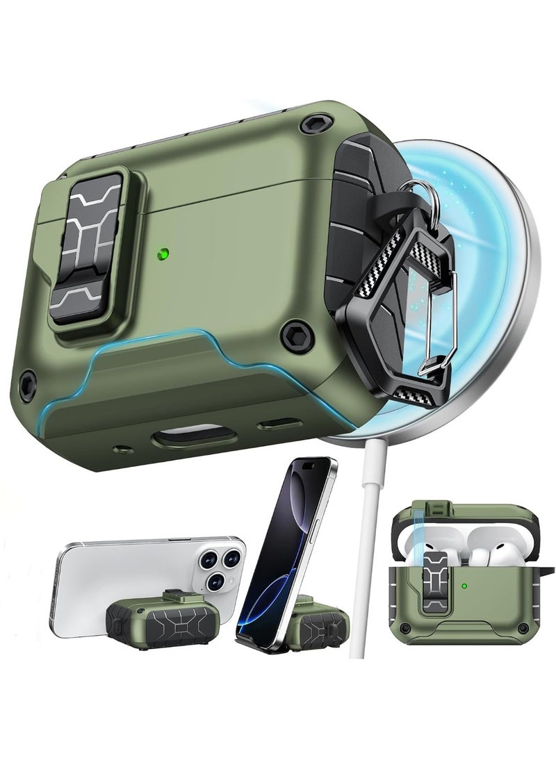 Suitable for AirPods Pro 3 protective case with stand, built-in magnet AirPods Pro 3 case, one-touch automatic open and close, full-body drop protection design, supports wired and wireless charging, comes with a carabiner. Green - Image 2