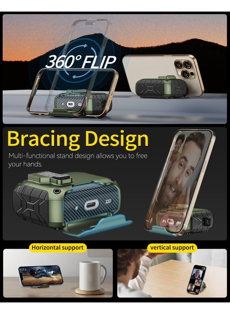 Suitable for AirPods Pro 3 protective case with stand, built-in magnet AirPods Pro 3 case, one-touch automatic open and close, full-body drop protection design, supports wired and wireless charging, comes with a carabiner. Green - Image 3