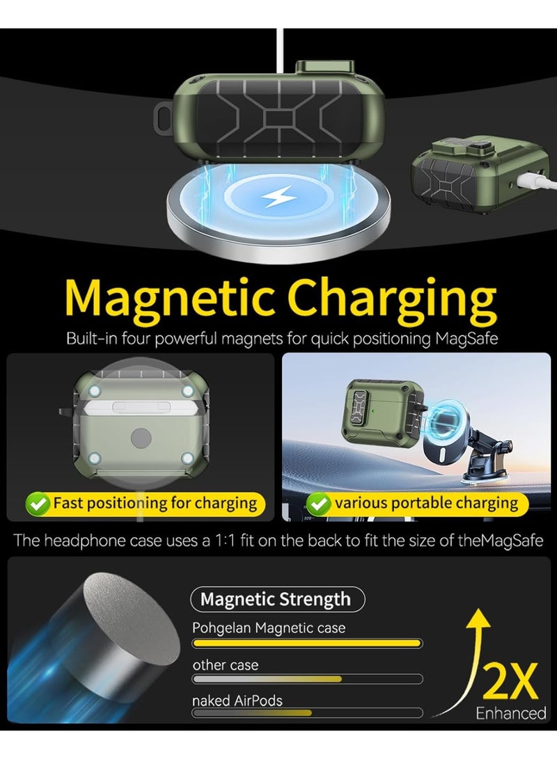 Suitable for AirPods Pro 3 protective case with stand, built-in magnet AirPods Pro 3 case, one-touch automatic open and close, full-body drop protection design, supports wired and wireless charging, comes with a carabiner. Green - Image 5