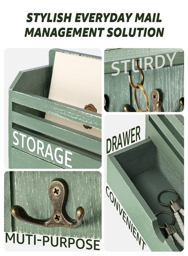 Rebee Vision Pine Wood Mail and Key Organizer for Wall - Farmhouse Mail Organizer Wall Mounted with 7 Sturdy Hooks & Drawer Storage - Apartment Essentials for Stylish Home Decor (Green) - Image 5