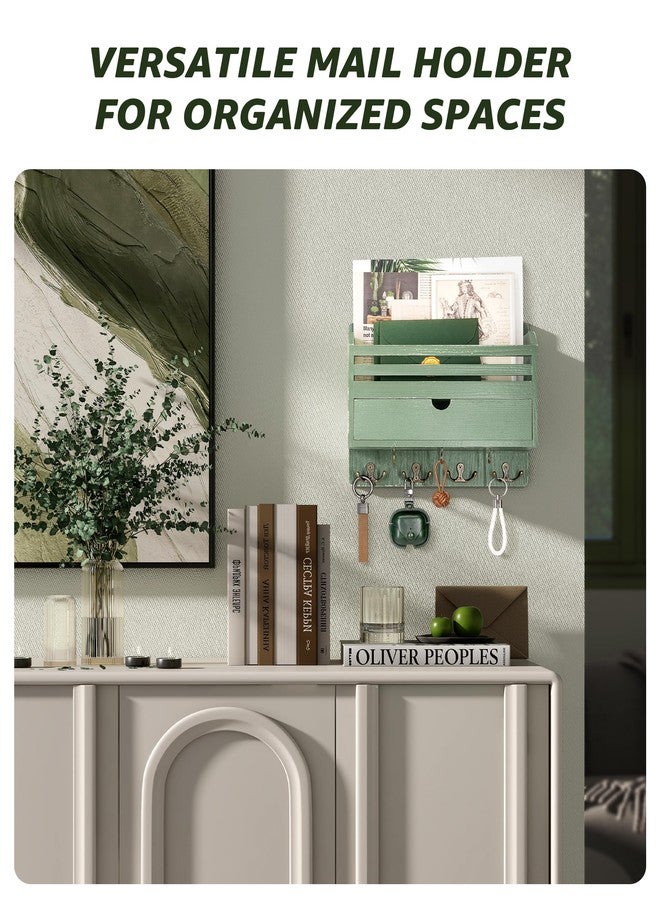 Rebee Vision Pine Wood Mail and Key Organizer for Wall - Farmhouse Mail Organizer Wall Mounted with 7 Sturdy Hooks & Drawer Storage - Apartment Essentials for Stylish Home Decor (Green) - Image 4