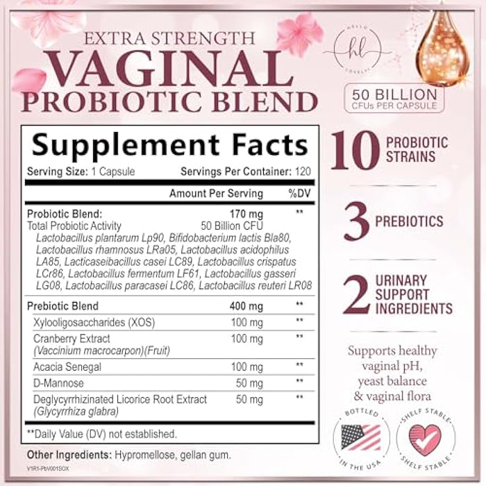 Hello Lovely! Vaginal Probiotics for Women - Gently Support Feminine Health, pH Balance, Healthy Odor & Vaginal Flora - 50 Billion CFU per Capsule - Improved Formula with Lactobacillus & Cranberry - 120 Capsules - Image 2