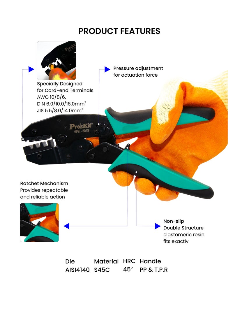 Proskit Proskit Pin Terminal Crimping Tool, AWG 6/8/10, High-Precision, Durable Steel Frame, 220mm  - Image 4