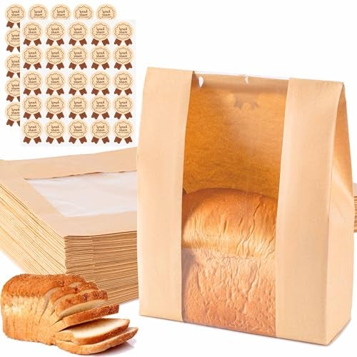 Hoewina 50Pcs Sourdough Paper Bread Bags for Homemade Bread with Window, Includes 50PCS Label Seal Stickers for Food Storage(50% Thicker 13.7x8.3x3.5 in - Large) - Image 1
