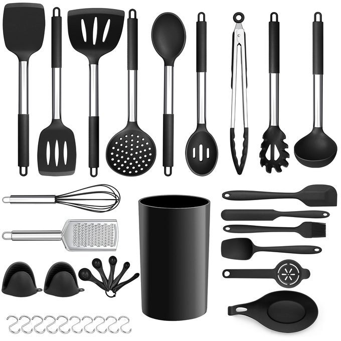 KITCHEN COOKING UTENSILS SET 35PIECE SILICONE COOKING UTENSILS SPATULA SET WITH HOLDER NONSTICK HEAT RESISTANT COOKWARE WITH STAINLESS STEEL HANDLE BLACK