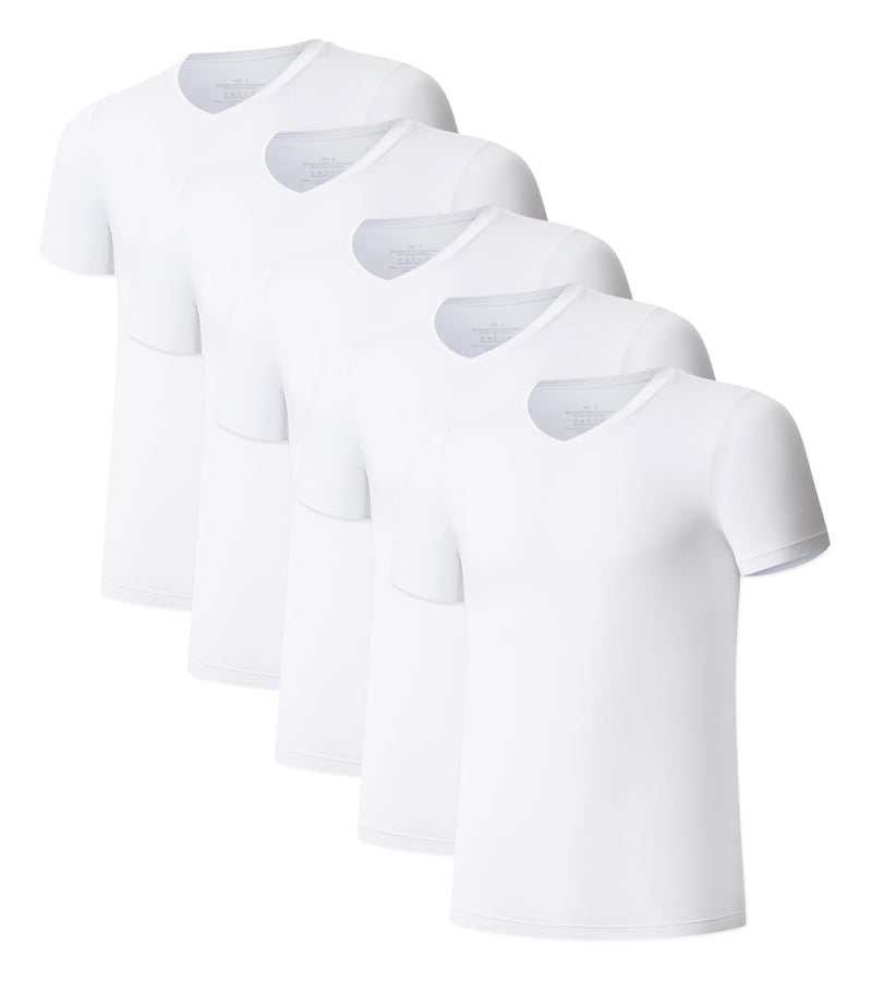 COLORFULLEAF Men's Undershirt Bamboo Rayon V-Neck T-Shirts Short Sleeve Tagless Tees Slim Fit Underwear 5-Pack (5White, M) - Image 1