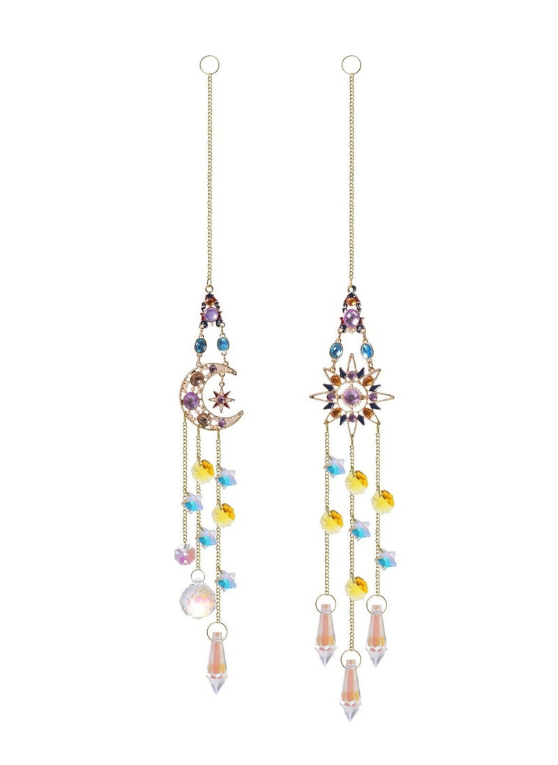 Generic 2 Pcs Crytsal Suncatcher Amethyst Decor Sun and Moon Pendant Wall Decor for Window Moon Dream Catchers with Crystals Rainbow Maker Garden Indoor Outdoor Home Decorations  - Image 1
