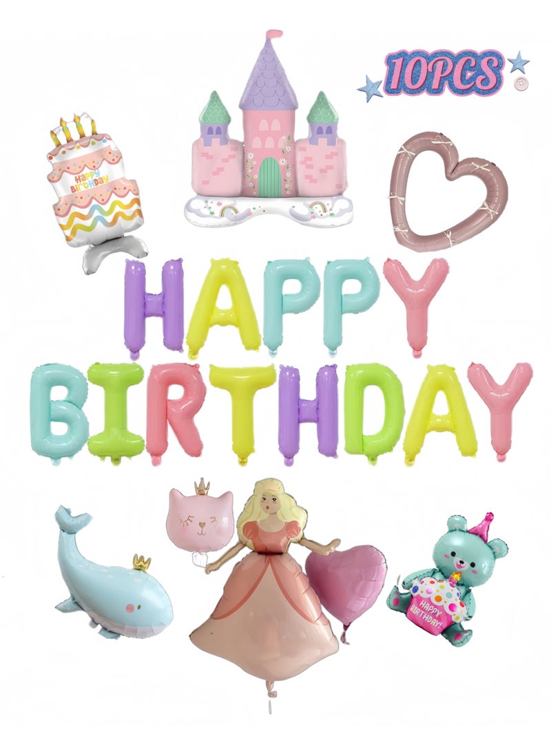 10 Pack Happy Birthday Foil Balloons - Kids Party Decorations Supplies Kit with Princess Castle, Whale, Bear, Mushroom, Cat Designs - Image 1