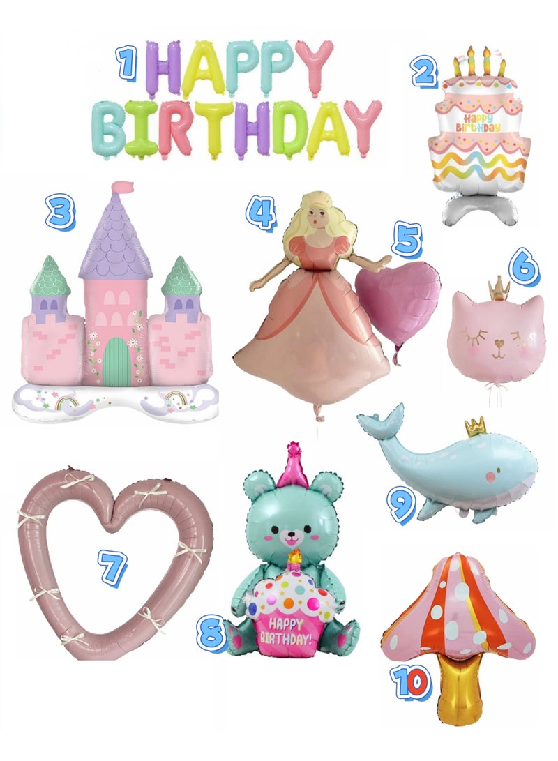 10 Pack Happy Birthday Foil Balloons - Kids Party Decorations Supplies Kit with Princess Castle, Whale, Bear, Mushroom, Cat Designs - Image 2